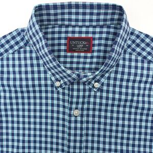 UNTUCKit Button Down Shirt Mens L Nylon Blue Plaid Slim Fit Performance Stretch